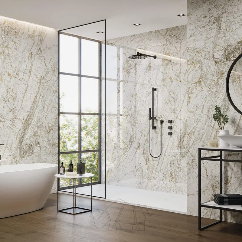 Bathroom with large marble tiles featuring beige veins