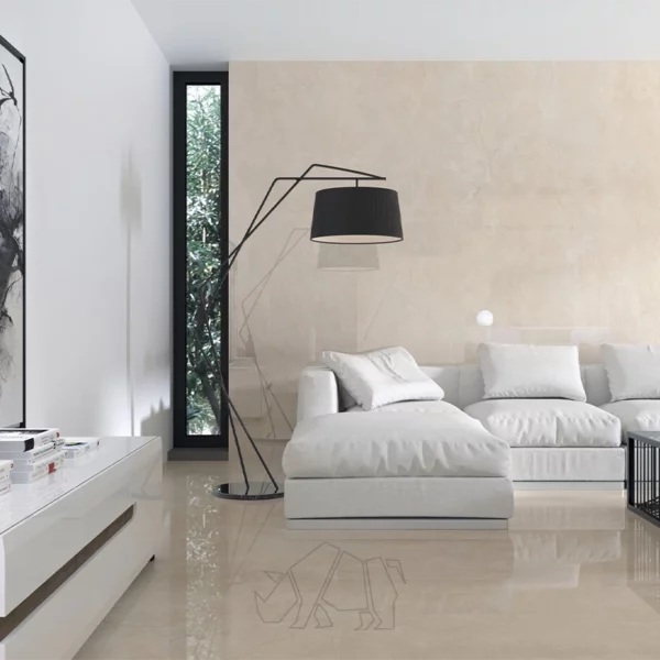 Large beige format tiles in a minimalist living room