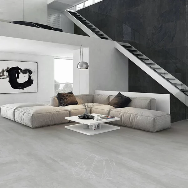Very light beige tiles in a modern living room