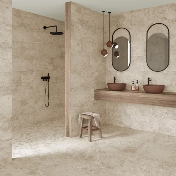 Beige tiles in a bathroom with a modern rustic effect