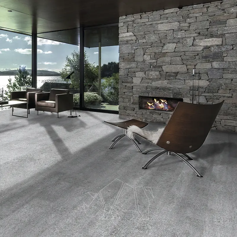 Large concrete look tiles in a room with views and fireplace