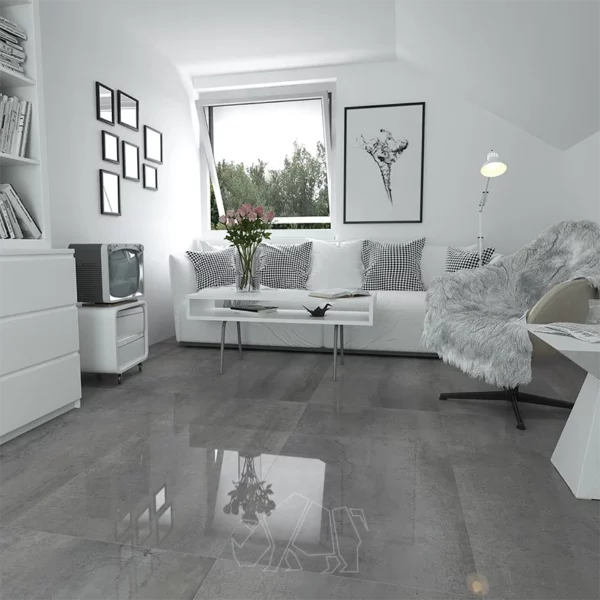 Large grey tiles in a small living room