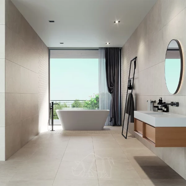 Large beige tiles in a spacious and modern bathroom