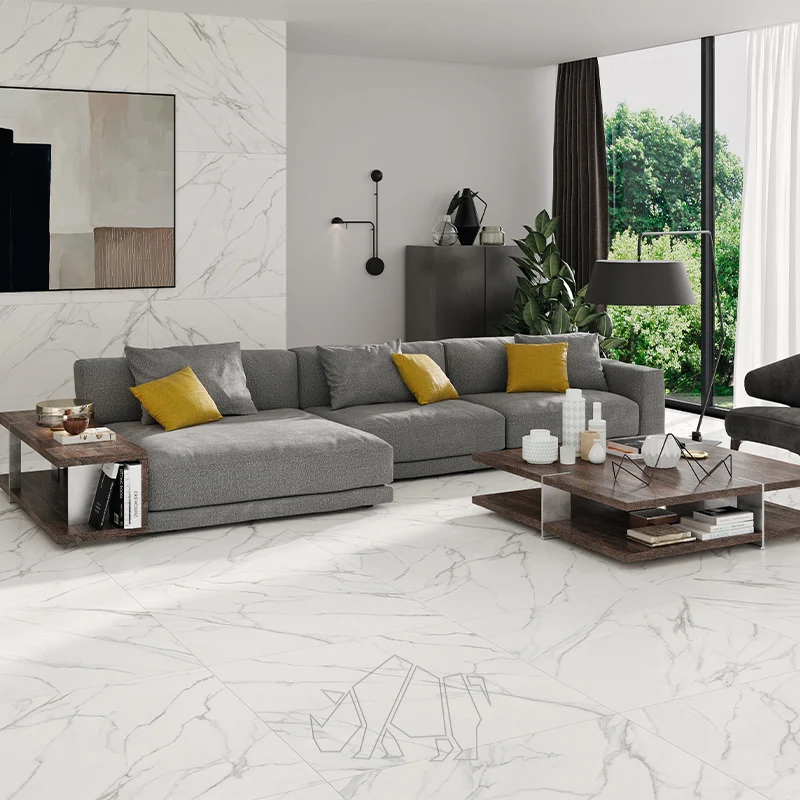 Large format Calacatta tile in a minimalist living room