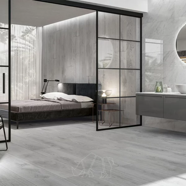 Large grey tiles in a modern room