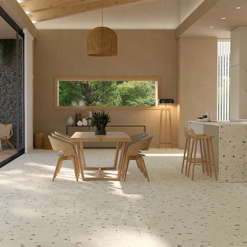 Ambiance with large format terrazzo look tiles