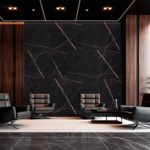 Black large format tile in a designer living room